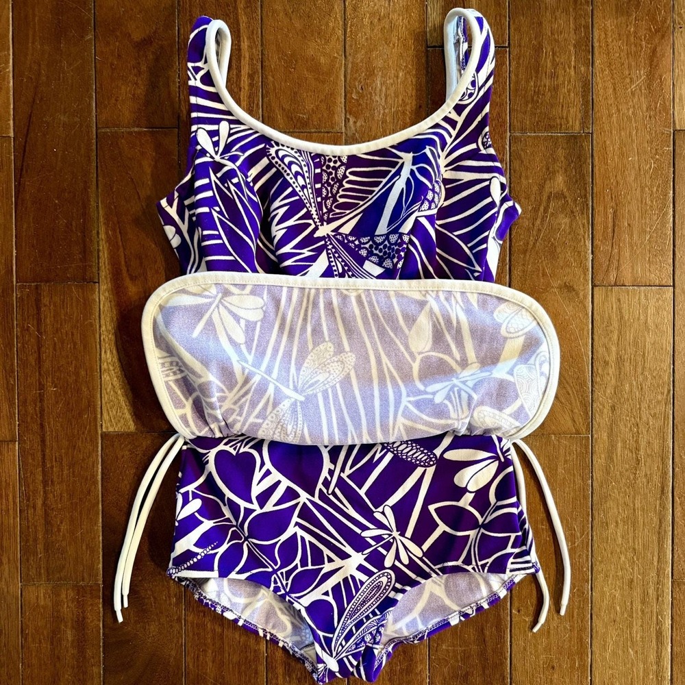 Vintage 1960s Robby Len Swimsuit Dress PURPLE Dragonfly Sz L 11/12‎ Union Tag - Picture 2 of 9